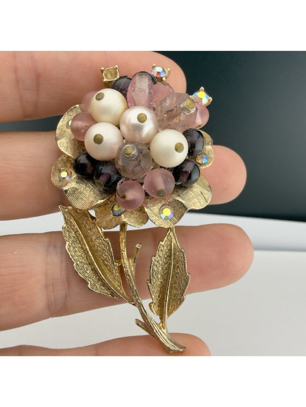 Vintage Coro Floral Brooch Rhinestone Faux Pearls AB Purple Bouquet Glass Bead